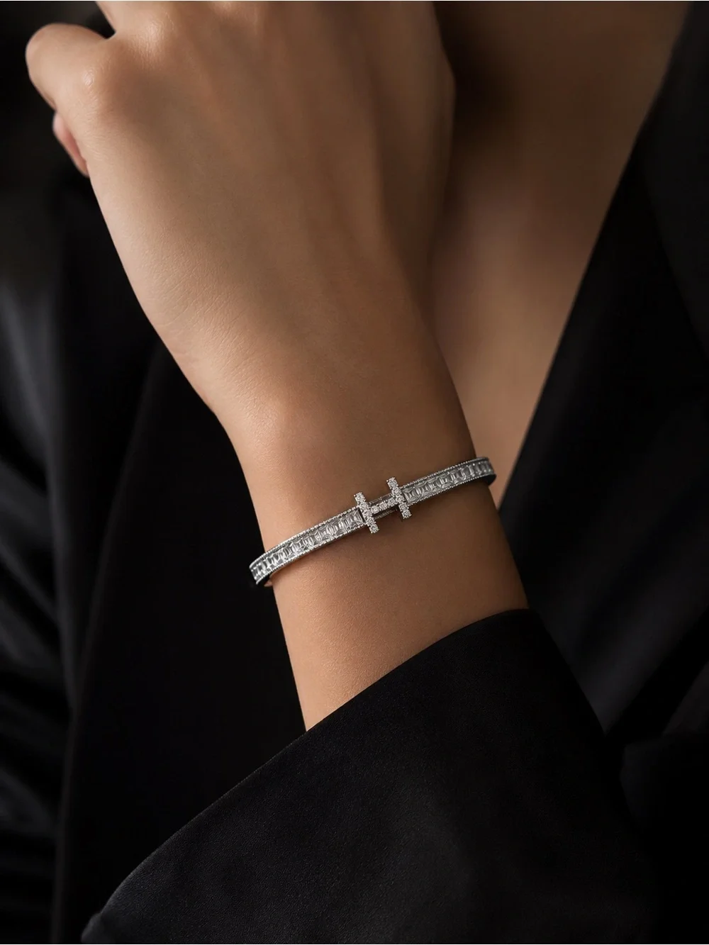 Silver Crystal H Accent Hinged Bangle Bracelet